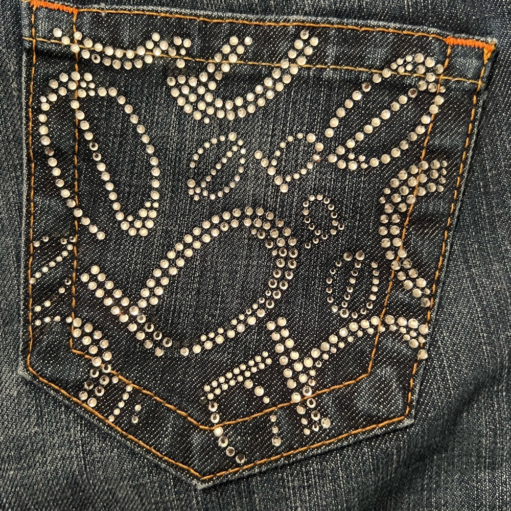 BEBE Classic Blue Bootcut/Flare Rhinestone Logo Pockets Denim Jeans - Picture 5 of 7